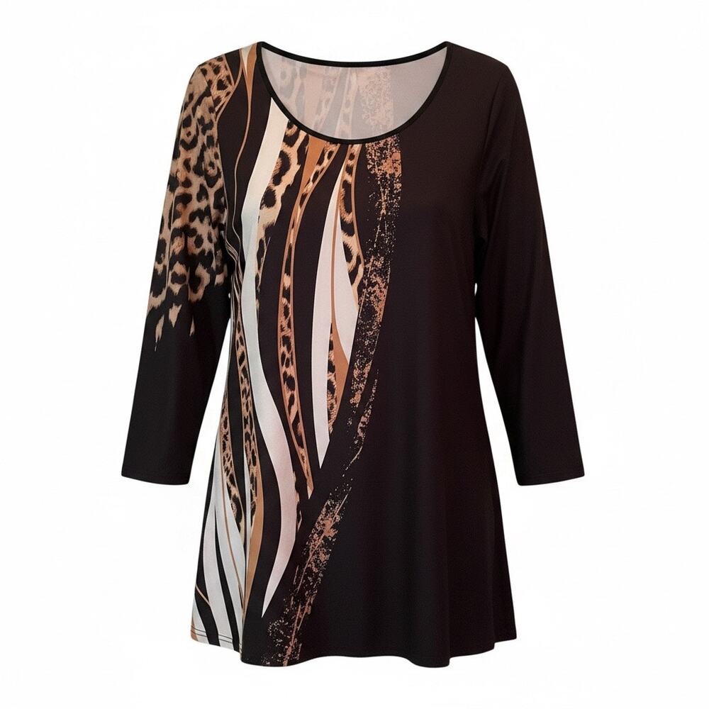 Plus Size Animal Print‎ Tunic Top 3/4 Sleeve Black Beige Swing Tunic Size 3X